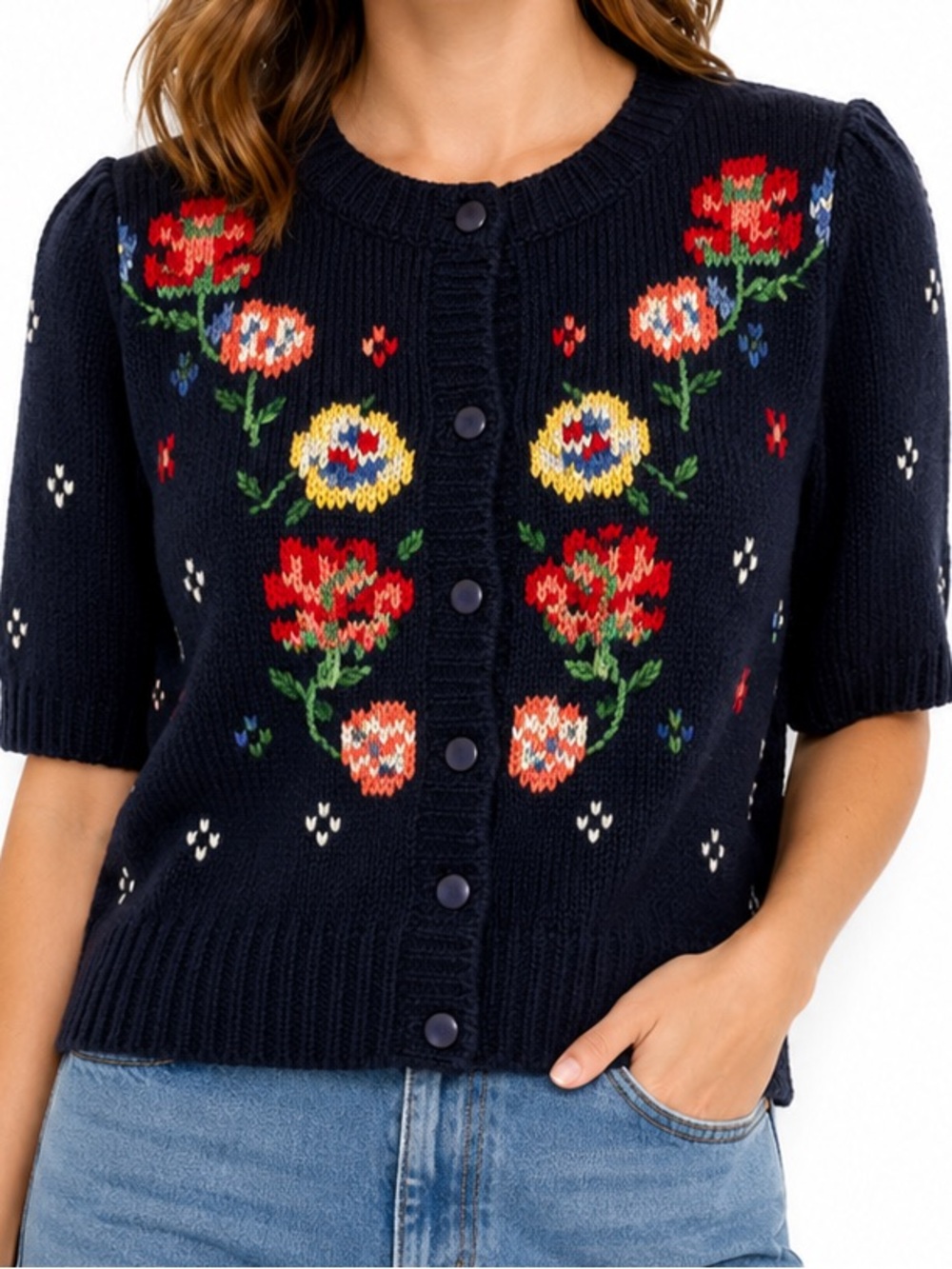 Classic Directions Boho Embroidered Floral Ramie Cotton Knit Cardigan Vinatge